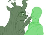 2867439__safe_queen+chrysalis_female_oc_simple+background_male_cute_human_white+background_duo_changeling_fangs_changeling+queen_oc-colon-anon_g4_cut
