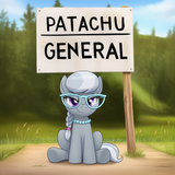 A smug silver spoon (mlp) sitting in front of a sign saying _PATACHU GENERAL_. T s-3462236774
