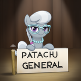 A smug silver spoon (mlp) sitting in front of a sign saying _PATACHU GENERAL_. T s-971218028