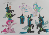 3000783__safe_pinkie+pie_princess+celestia_queen+chrysalis_female_pony_oc_earth+pony_alicorn_human_wings_sitting_spread+wings_changeling_hug_changeli