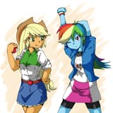 675633__safe_rainbow+dash_applejack_clothes_equestria+girls_pixiv_skirt_food_apple_eating
