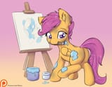 763782__safe_artist-colon-alasou_rainbow+dash_scootaloo_canvas_cute_cutealoo_derpibooru+import_ear+fluff_frown_looking+back_messy_mouth+hold_paint_pain