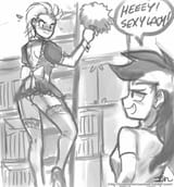 195261__suggestive_artist-colon-johnjoseco_lightning+dust_rainbow+dash_ass_blushing_clothes_gangnam+style_grayscale_humanized_lesbian_maid_monochrome_p