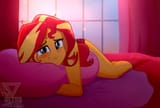 2953100__suggestive_artist-colon-theretroart88_sunset+shimmer_human_equestria+girls_g4_bed_bed+hair_bedsheets_clothes_cute_female_lingerie_messy+hair_panties_pi