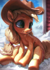 1921954__safe_artist-colon-assasinmonkey_applejack_cowboy+hat_cute_earth+pony_female_hat_jackabetes_mare_pony_signature_sitting_smiling_snow_solo_stets