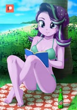 1550325__suggestive_artist-colon-uotapo_edit_starlight+glimmer_equestria+girls_adorasexy_barefoot_beanie_bikini_book_bottle_breasts_busty+starlight+gli
