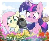 2544870__safe_artist-colon-nendo_fluttershy_twilight+sparkle_butterfly_pegasus_pony_book_cute_duo_duo+female_female_flower_garden_gardening_glowing+horn_hoof+ho