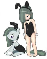 3544288__suggestive_artist-colon-halt9814_derpibooru+import_marble+pie_earth+pony_human_pony_g4_barefoot_bowtie_bunny+ears_bunny+suit_clothes_cuffs+(