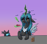2503968__safe_artist-colon-ravensunart_queen+chrysalis_oc_oc-colon-imago_changeling_changeling+queen_chocolate_chocolate+milk_cute_cutealis_duo_eating_eyes+clos