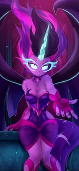 1857439__safe_artist-colon-light262_sci-dash-twi_twilight+sparkle_equestria+girls_breasts_cleavage_female_glowing+eyes_horn_looking+at+you_midnight+sparkle_nail
