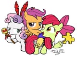 39482__safe_artist-colon-arudon_apple+bloom_scootaloo_sweetie+belle_banjo+kazooie_clothes_cutie+mark+crusaders_feather+in+hair_filly_pants_parody_puzzle+piece