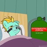 3115794__safe_artist-colon-unitxxvii_lightning+dust_pegasus_pony_g4_air+tank_bed_copium_female_hospital+bed_karma_mare_meme_one+ear+down_oxygen+mask_sick_solo