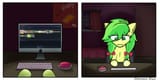 3325805__safe_derpibooru+import_apple+fritter_pony_derpibooru_apple+family+member_apple+fritter+(food)_bed_bedroom_big+red+button_blanket_bow_compu