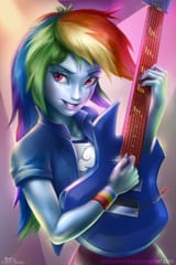 1133277__safe_solo_rainbow+dash_clothes_equestria+girls_rainbow+rocks_skirt_signature_beautiful_electric+guitar