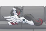 3641861__safe_artist-colon-rieyadraws_oc_oc+only_oc-colon-jet+blast_pegasus_pony_blue+eyes_cheek+fluff_couch_cute_ear+fluff_floppy+ears_gray+mane_grooming_hair+