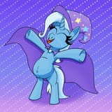 3576497__safe_artist-colon-xppp1n_trixie_unicorn_g4_belly+button_bipedal_cape_clothes_eyes+closed_gradient+background_happy_hat_horn_momma+trixie_open+mouth_ope