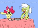 1497523__safe_artist-colon-rigamortis_man_derpibooru+import_apple+bloom_granny+smith_pony_-fwslash-mlp-fwslash-_4chan_colored_dab_drawthread_duo_food_f