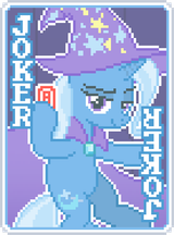 3611199__safe_artist-colon-jaye_trixie_pony_unicorn_g4_balatro_brooch_cape_card_clothes_digital+art_female_hat_horn_jewelry_joker_mare_pixel+art_solo_trixies+br
