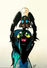 1333604__safe_artist-colon-mrpenceaul_queen+chrysalis_changeling_changeling+larva_cute_cutealis_cuteling_grin_grub_happy_holding+a+pony_hoof+hold_looki