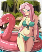 3493752__suggestive_artist-colon-masterdestroyzj_fluttershy_human_equestria+girls_g4_bare+shoulders_belly_belly+button_bikini_breasts_clothes_female_green+bikin