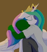 1490488__safe_artist-colon-kpvt_princess+celestia_oc_oc-colon-anon_alicorn_comforting_duo_female_floppy+ears_hug_human_mare_momlestia_pony_sad
