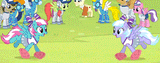 529631__safe_screencap_blaze_carrot+top_derpy+hooves_dizzy+twister_golden+harvest_lemon+hearts_lightning+bolt_lilac+sky_orange+swirl_sassaflash_soarin