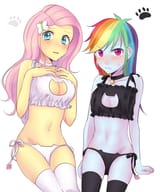 1080419__suggestive_artist-colon-kona1025_fluttershy_rainbow+dash_equestria+girls_g4_adorasexy_bell_bell+collar_belly+button_black+underwear_blushing_boob+windo
