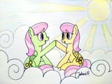 7018985__safe_artist-colon-jakusi_merry+may_sunny+rays_pegasus_pony_background+pony_cloud_duo_duo+female_female_happy_hoofbump_mare_signature_sitting_sun_tradit