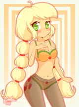 870918__suggestive_artist-colon-riouku_applejack_equestria+girls_adorasexy_alternate+hairstyle_belly+button_bra_cleavage_clothes_cute_cutie+mark+underw
