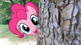 1279042__safe_pinkie+pie_solo_female_pony_mare_smiling_earth+pony_looking+at+you_open+mouth_vector_photo_irl_tree_forest_ponies+in+real+life_photosho