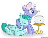 623889__safe_artist-colon-bluemeganium_rainbowshine_springmelody_sprinklemedley_fish_goldfish_pegasus_pony_g4_cuddling_cute_duo_eyesclosed_feeding_female_fi