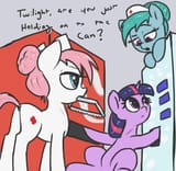2622115__safe_artist-colon-t72b_nurse+redheart_nurse+tenderheart_twilight+sparkle_alicorn_earth+pony_pony_g4_bun_butt_cap_catchlights_female_hacksaw_hat_high+re