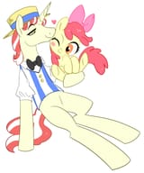 399078__safe_artist-colon-mariponihoney_derpibooru+import_apple+bloom_flim_blushing_bowtie_clothes_crack+shipping_female_flimbloom_heart_holding_kissin