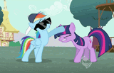 22236__safe_derpibooru+import_screencap_rainbow+dash_twilight+sparkle_pegasus_pony_unicorn_may+the+best+pet+win_animated_backwards+ballcap_baseball+cap