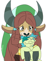 1897419__safe_artist-colon-bennimarru_derpibooru+import_sandbar_yona_earth+pony_yak_cloven+hooves_colored_female_flat+colors_hug_male_monkey+swings_old