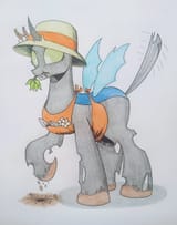 3644826__safe_artist-colon-spartanmora_changeling_apron_clothes_colored_flower_gardener_gardening+tools_hat_horn_horn+impalement_raised+hoof_solo_spade_spiracle