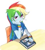 878772__safe_solo_rainbow+dash_blushing_equestria+girls_book_rainbow+rocks_daring+do_embarrassed_chair