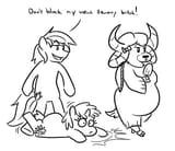 2510350__safe_artist-colon-jargon+scott_derpibooru+import_sandbar_whoa+nelly_yona_ponified_earth+pony_pony_semi-dash-anthro_unicorn_yak_black+and+white