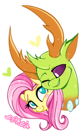 1745916__dead+source_safe_artist-colon-esmeia_fluttershy_thorax_changedling_changeling_pegasus_pony_g4_blush+sticker_blushing_bust_female_heart_interspecies_kin