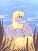 2260671__safe_artist-colon-mirtash_derpy+hooves_pegasus_pony_g4_contrail_cute_derpabetes_ear+fluff_featured+image_female_field_floppy+ears_foreground_grass_look