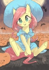 1871396__safe_artist-colon-yanamosuda_fluttershy_bat_pegasus_pony_g4_blushing_clothes_costume_cottagecore_cute_fem