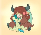 3431366__safe_artist-colon-_sandbar_yona_earth+pony_pony_yak_g4_cloven+hooves_cute_duo_duo+male+and+female_eyes+closed_female_gradient+background_hug_hug+from+b