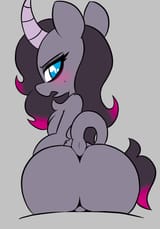 2873496__suggestive_artist-colon-php156_oleander+tfh_unicorn_them27s+fightin27+herds_blushing_butt_community+related_curved+horn_dock_female_gray+background_hor