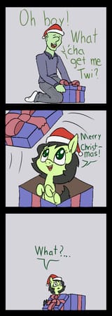 2515570__safe_artist-colon-happy+harvey_oc_oc-colon-anon_oc-colon-filly+anon_earth+pony_human_pony_adult_bow_christmas_clothes_colored+pupils_confused_female_fi
