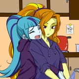 1297131__safe_artist-colon-raika0306_adagio+dazzle_sonata+dusk_twilight+sparkle_human_equestria+girls_g4_clothes_duo_embrace_fangs_faucet_female_hoodie_hug_kitc