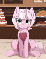 3606583__safe_artist-colon-marshmallowfluff_oc_oc+only_oc-colon-marshmallow+fluff_pony_unicorn_apron_bakery_cake_clothes_cute_explicit+source_female_food_freckl