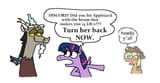 3236830__safe_artist-colon-punkittdev_applejack_discord_twilight+sparkle_alicorn_draconequus_earth+pony_pony_g4_applejack+being+applejack_dialogue_discord+being