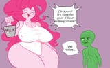 2375596__questionable_artist-colon-elewdfurs_pinkie+pie_oc_oc-colon-anon_human_equestria+girls_g4_big+breasts_breasts_cameltoe_clothes_dialogue_dick+flattening_