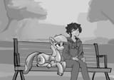 3623561__safe_artist-colon-queen-dash-razlad_oc_human_pony_robot_robot+pony_bench_clothes_duo_eyes+closed_grayscale_hoodie_looking+at+someone_monochrome_outdoor