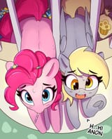 3040695__safe_artist-colon-pabbley_derpy+hooves_pinkie+pie_earth+pony_pegasus_pony_g4_bag_bronybait_buttstuck_candy_candy+in+hair_caught_crumbs_cute_derpabetes_